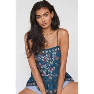 Anthropologie Luzia Cropped Cami Embroidered  Beaded Teal Floral Boho Size Xs